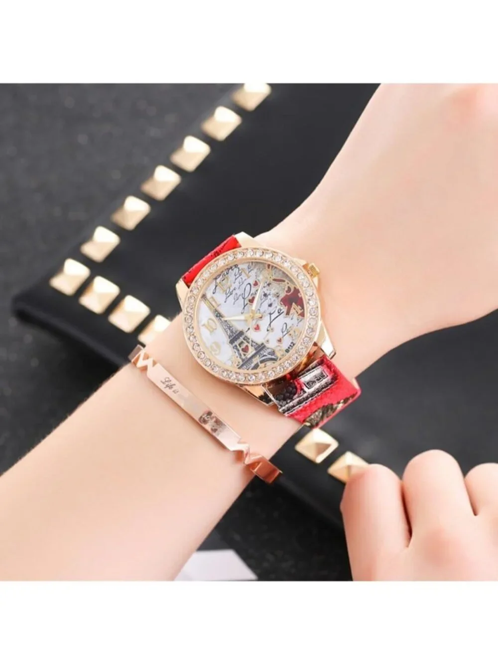 Women's Red Analog Quartz Solid Pu Leather Strap Bling Rhinestone Wrist Watch